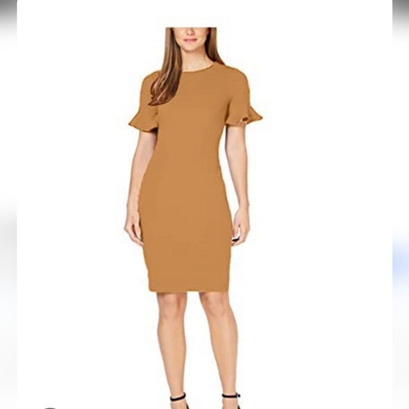 Elegant Tan Ruffle Sleeve Dress - Picture 1 of 8